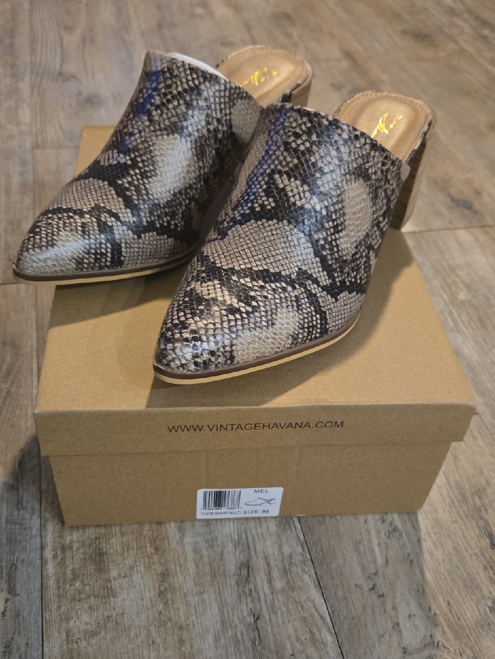Vintage Havana Snake-Print Pointed Mule in Taupe and Black